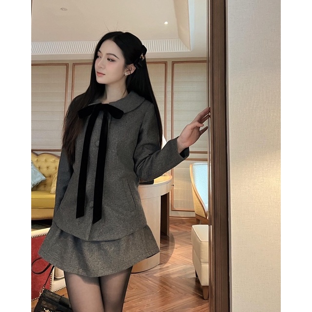 Set Váy Nữ Set Dạ Ép Xám Áo Nơ Kèm Chân Váy ( Sẵn hàng)