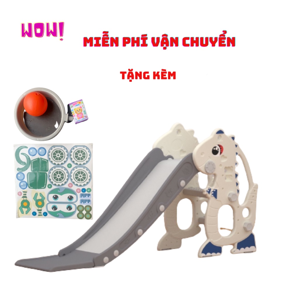 Cầu trượt cho bé trong nhà hình khủng longTẶNG gấu phát nhạc,bóng rổ mẫu 2023