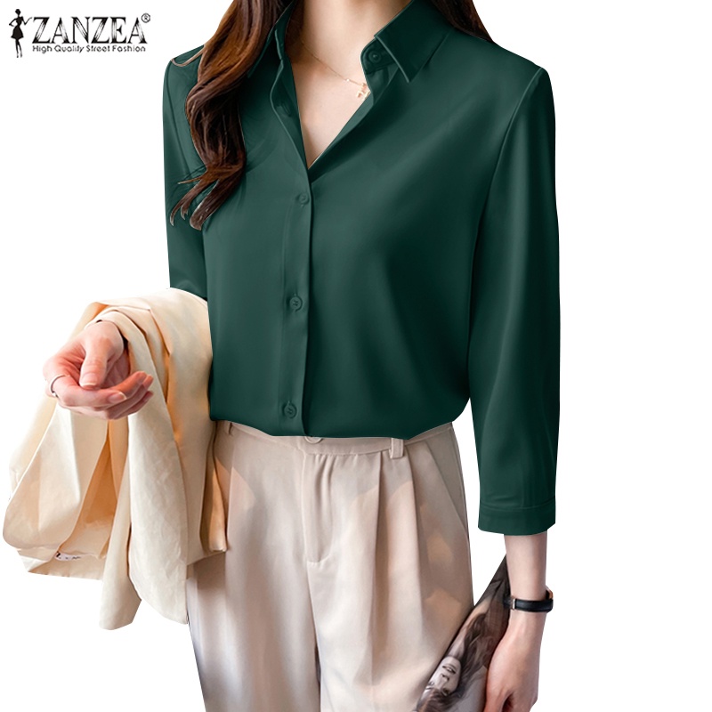 ZANZEA Áo Sơ Mi Vải Satin Cài Nút Thời Trang Đường Phố Hàn Quốc Cho Nữ