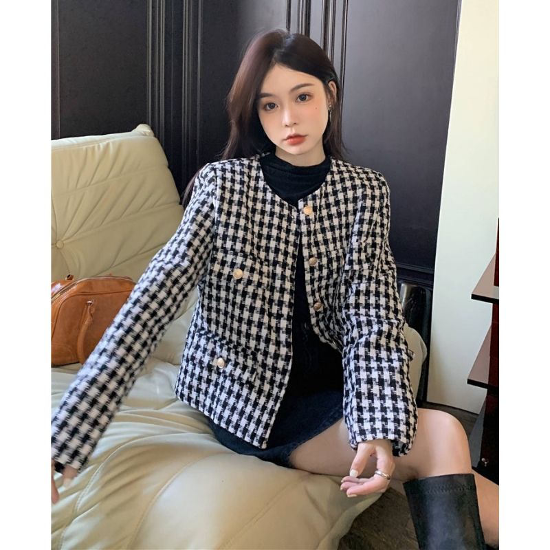 áo khoác dạ tweed nữ dáng ngắn bigsize croptop dáng dài lông hàn quốc dài big size tay dài cổ vest Áo dạ tweed kẻ siêu xinh, áo khoác dạ có đệm vai 2 lớp dày dặn