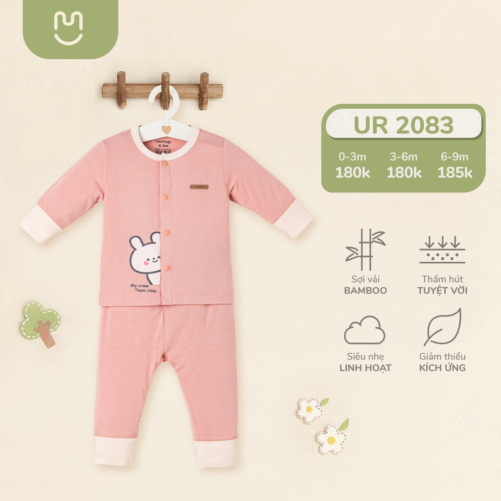 Bộ quần áo dài tay sơ sinh Ualarogo vải Bamboo cổ phối màu hình khủng long dễ thương