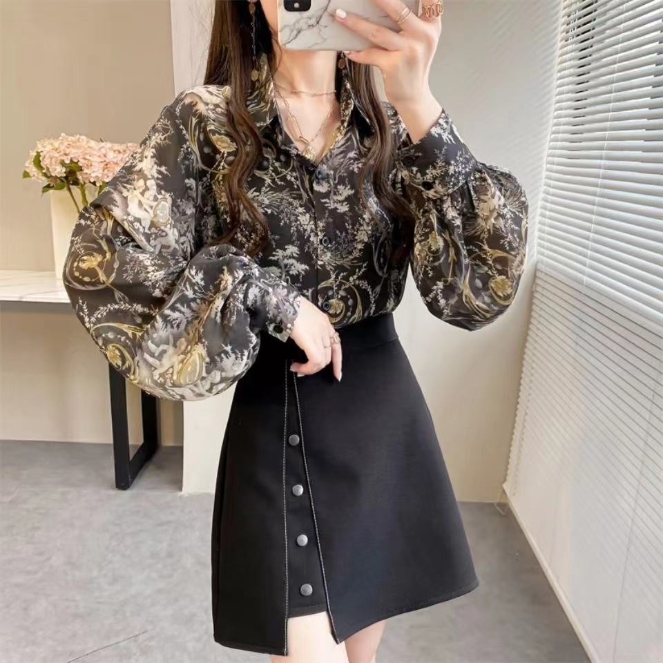 Áo Sơ Mi Chiffon Tay Dài Phồng Dáng Rộng In Họa Tiết Xinh Xắn Thời Trang Mùa Hè Cho Nữ
