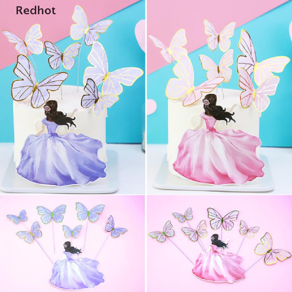 < Redhot > Set 7 Que Cắm Trang Trí Bánh Kem Sinh Nhật Hình Bướm Màu Vàng Kim Dành Cho Bé Gái