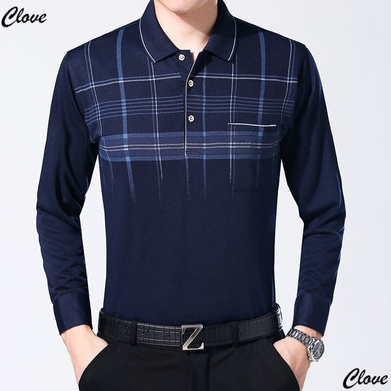 Áo Thun Cotton Mỏng Tay Dài Cổ Bẻ Xuân Thu Phong Cách Mới Cho Nam Trung Niên