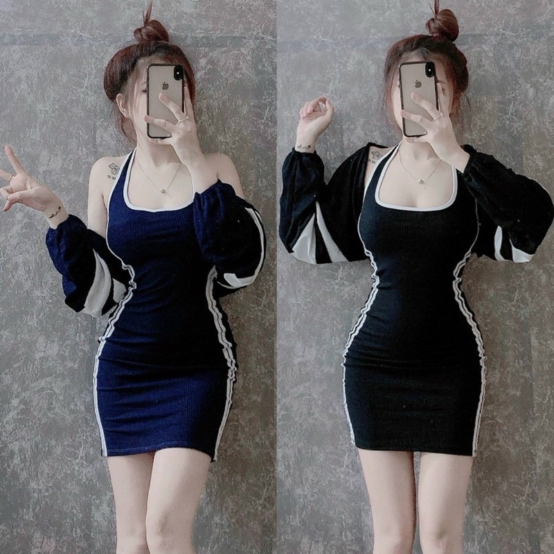 Set Đầm Yếm Viền Thể Thao Viền Hông Kèm Khoác Tay Dơi Gạch Trắng Lớn Xuất Sắc