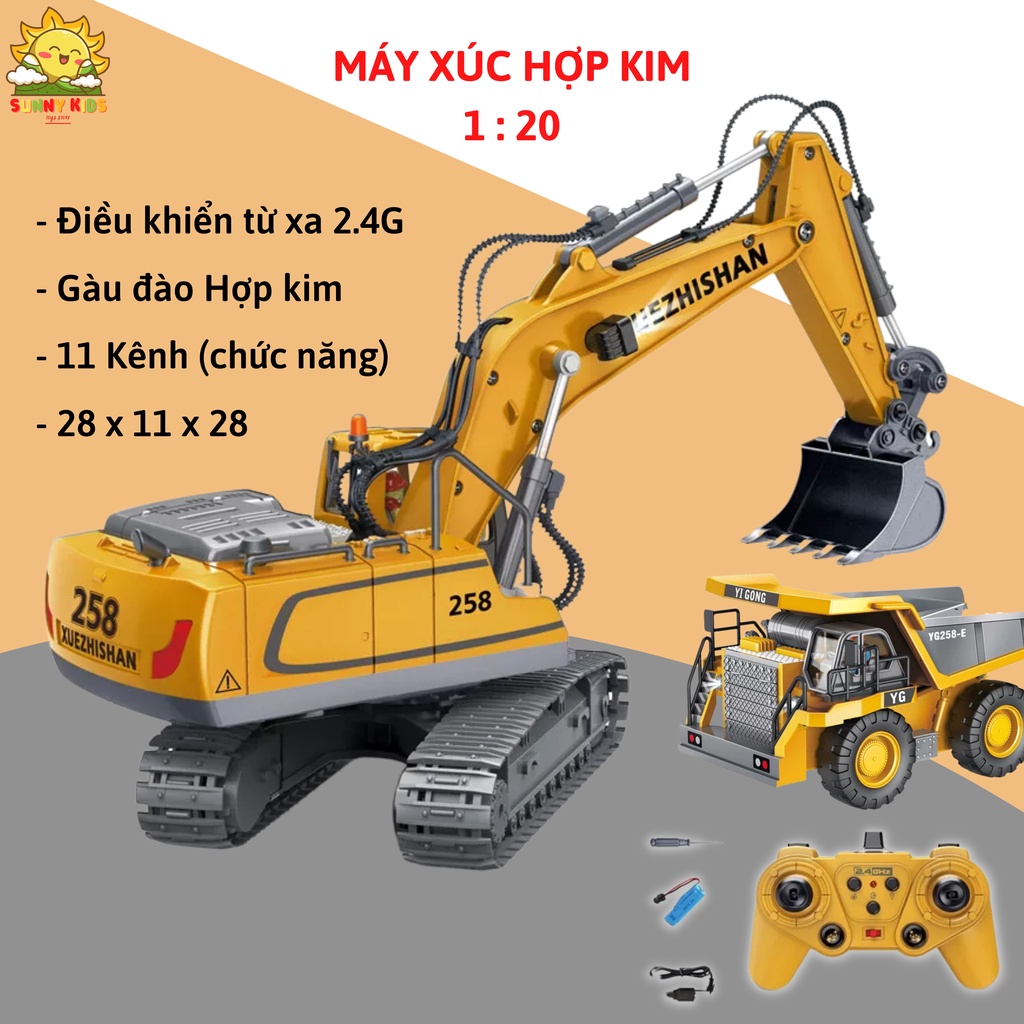 Xe máy xúc điều khiển từ xa 11 kênh, nhiều chức năng tự động, phát nhạc, gàu hợp kim, tỉ lệ 1:20, PIN sạc - Sunny Kids