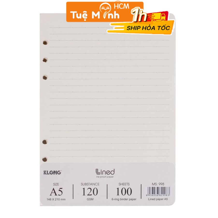 Ruột giấy sổ còng A5 kẻ ngang 100 tờ (200 trang) dày 120gsm, giấy refill thay file binder Klong MS 998