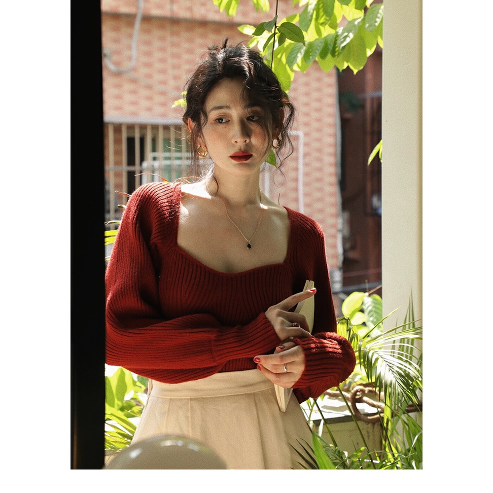 Áo dệt kim SUXI tay dài cổ vuông màu sắc thanh lịch thời trang thu đông cho nữ