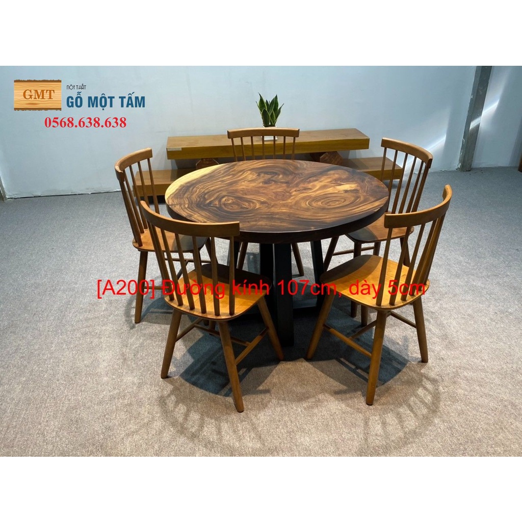 Bàn ăn chân sắt mặt tròn bằng gỗ me tây nguyên tấm rộng 107cm gỗ tự nhiên