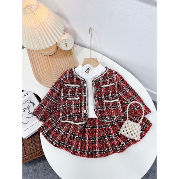 Set 3ct áo váy dạ kèm somi nơ xinh xắn bé gái