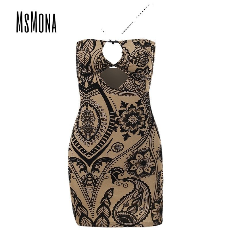 MsMona Đầm Mini Dáng Ôm Không Tay Hở Vai In Họa Tiết Thời Trang 2023 Dành Cho Bạn Nữ