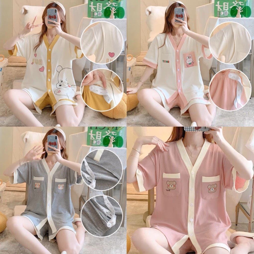 Bộ đồ bầu và sau sinh cho con bú áo cộc quần đùi chất gân tăm cho bà bầu mặc nhà mùa hè  BL872