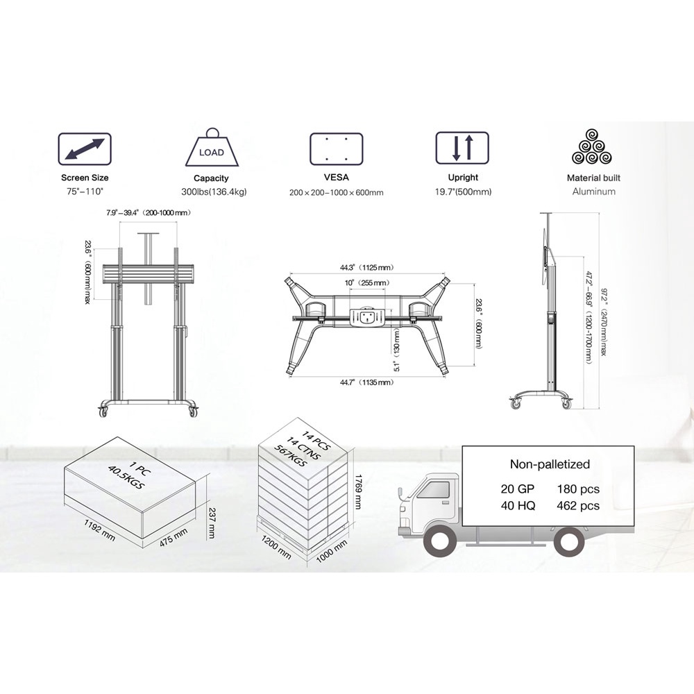 NB TW100 Cơ Giới Nâng Màn Hình Nặng Giá Treo TV Xe Đẩy Phù Hợp Nhất 60-100 Inch Màn Hình Phẳng LED LCD tải 134kgs 300lb