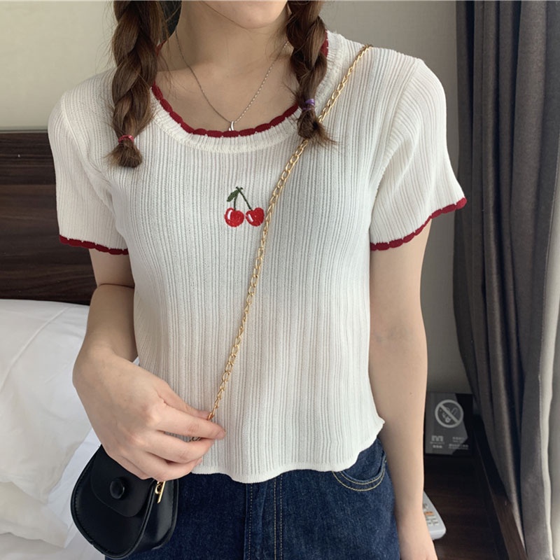 Áo sweater Tay Ngắn Cổ Tròn Dáng Ôm Thời Trang Mùa Hè Phong Cách Hàn Quốc Cho Nữ