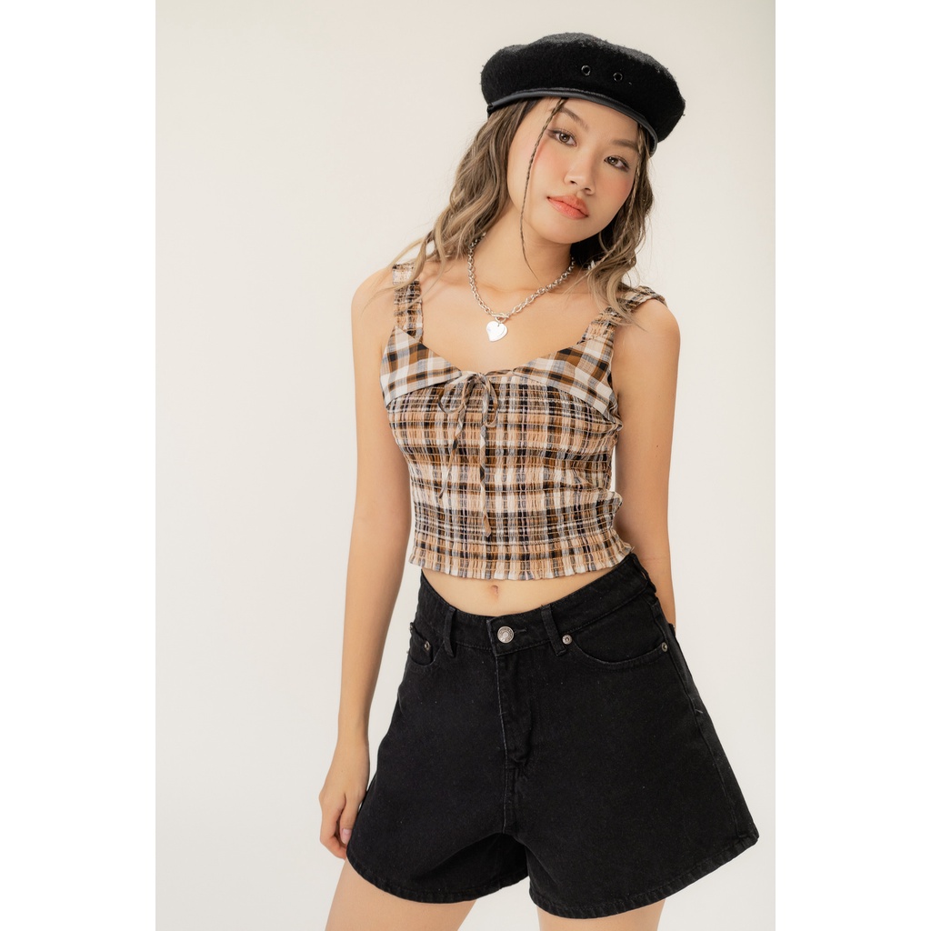 LIBÉ - Áo kiểu hai dây dáng ôm cột nơ họa tiết caro màu nâu