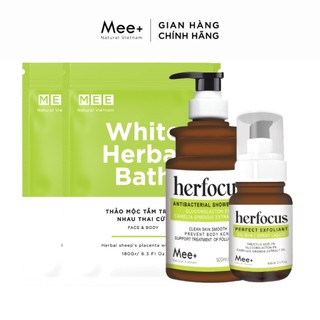 Combo dưỡng trắng da body MEE NATURAL , Tắm trắng + Kem body trắng da + Sữa tắm + Xịt viêm nang lông HERFOCUS 100ml