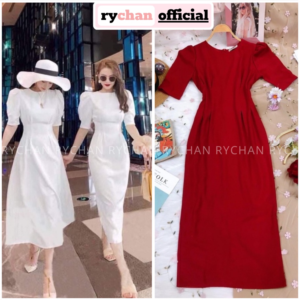 [ẢNH THẬT CUỐI] Đầm Dáng Dài Cổ Tròn Xếp Li Eo Sành Điệu, Đầm Nữ Tôn Dáng Tay Ngắn Màu Đỏ Trắng-DX168