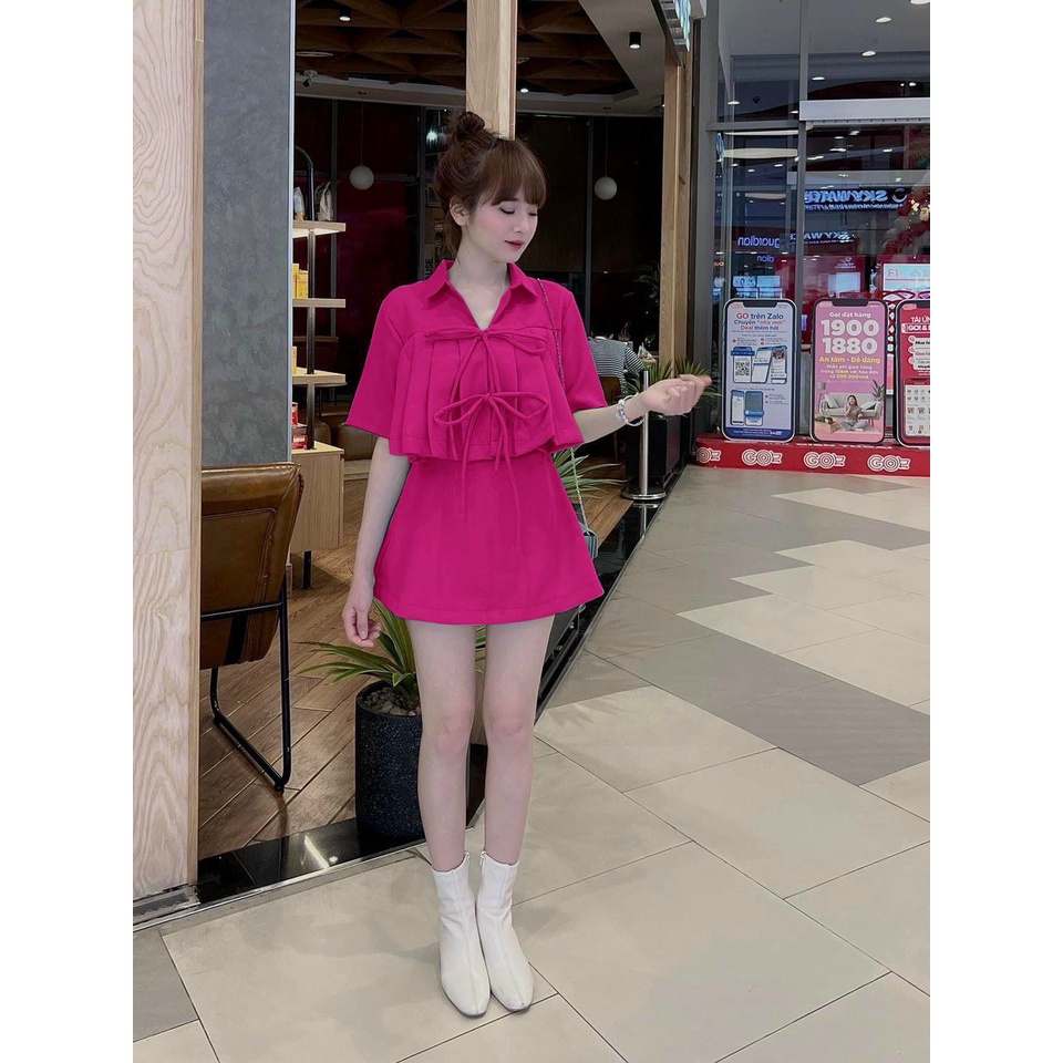 Mã giảm Hoàn xu Sét Áo Croptop cột dây thắt nơ kèm chân váy A, áo xếp ly sang chảnh, vải linen loại 1 dày dặn.
