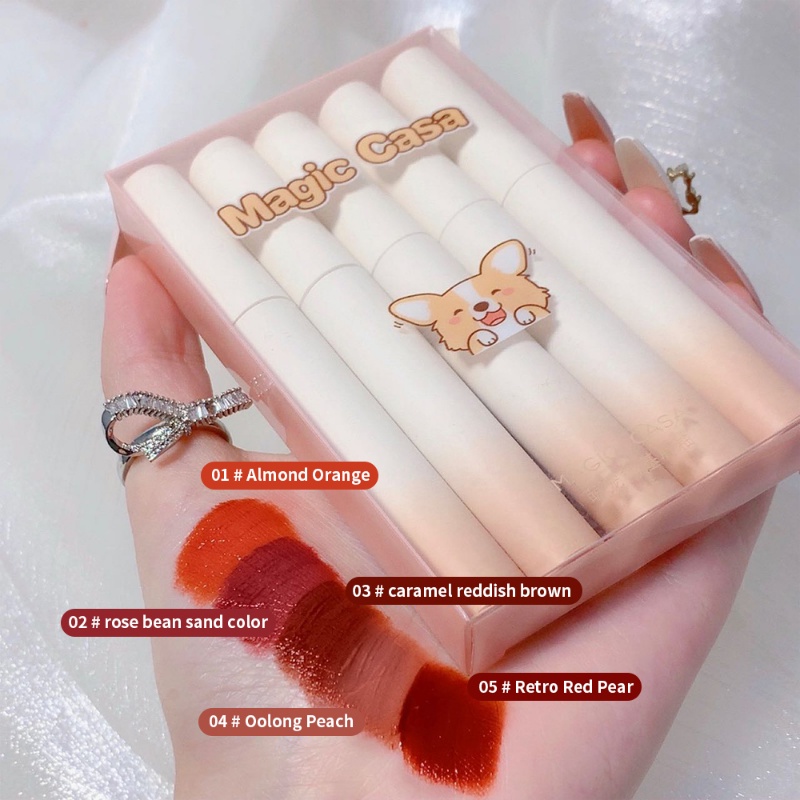 Set 5 Son Môi MAGIC CASA Dạng Lỏng Chống Thấm Nước Lâu Trôi Không Dính Thành Cốc Thiết Kế Hình Chú Chó Dễ Thương Phong Cách Hàn Quốc