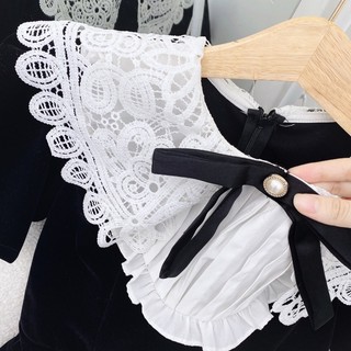ĐẦM NHUNG ĐEN PHỐI CỔ TRẮNG REN HOA THẮT NƠ