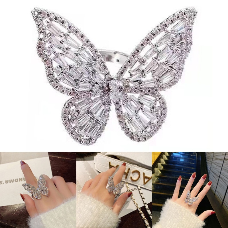 Nhẫn Hình Bướm Rỗng Đính Đá Zircon Lấp Lánh Có Thể Điều Chỉnh Thời Trang Cho Nữ