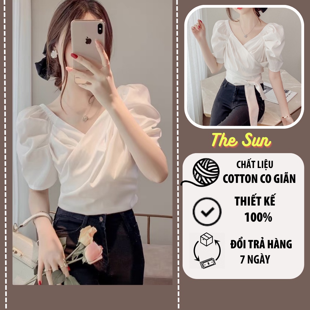 Áo Trắng Tiểu Thư Cổ Tim Tay Ngắn Bồng Tylanstore ,Áo Sơ Mi Trắng Chất Liệu Vải Thoáng Mát - Hàng Thiết Kế Cao Cấp