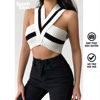 Áo croptop len dệt kim sọc đen trắng - BANHBEO - A0571