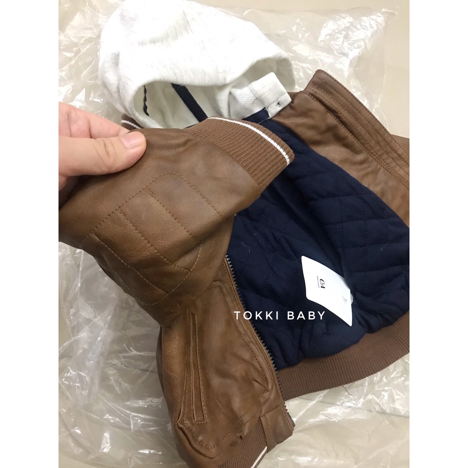 Áo khoác da biker màu nâu có mũ cho bé trai ACA005