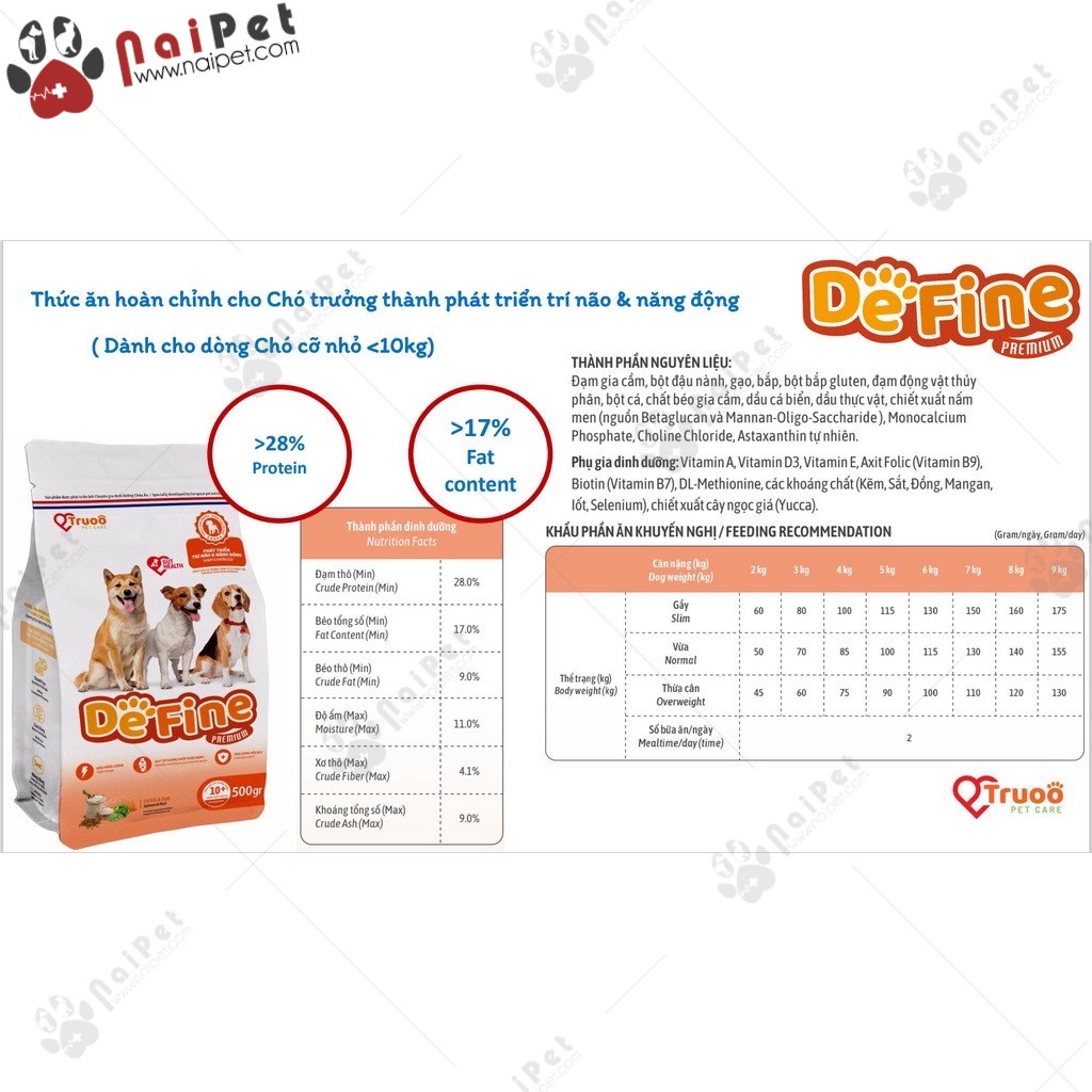 Thức Ăn Hạt Cho Chó Trưởng Thành Phát Triển Trí Não Giúp Da Khoẻ Và Lông Mượt Vị Cá Hồi DeFine Truoo Pet Care 500g