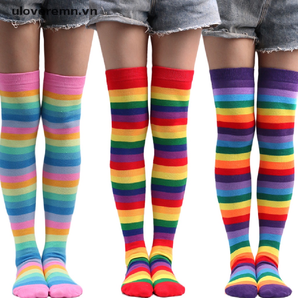 Vớ Dài Qua Gối Họa Tiết Sọc Nhiều Màu Co Giãn Để Hóa Trang Cho Nữ