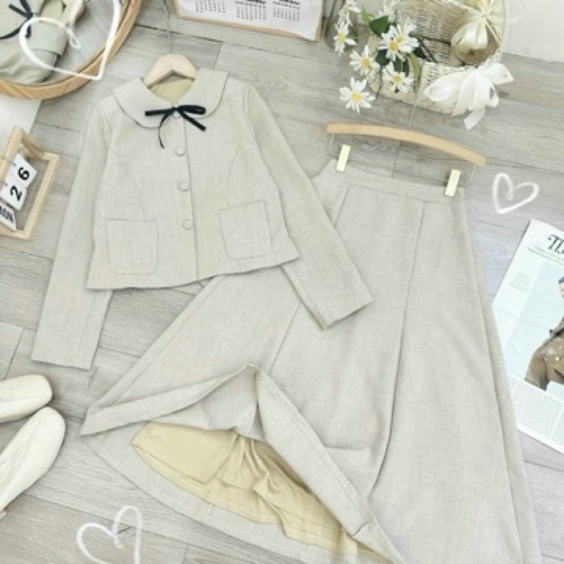 Set thiết kế cao cấp áo sơ mi nơ dài tay kèm chân váy xoè công sở