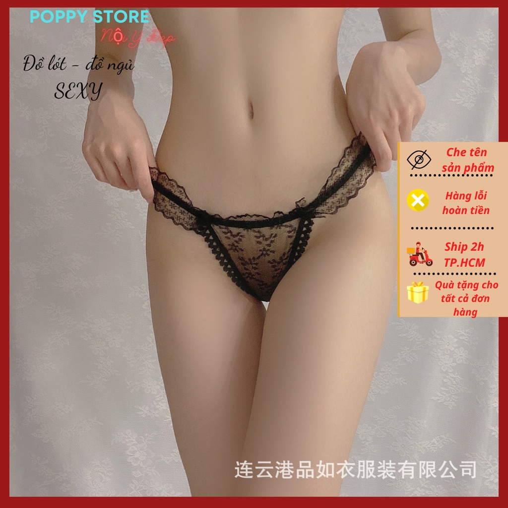 Quần lót lọt khe - chip hở mông chất liệu ren trong suốt - xuyên thấu, sexy -gợi cảm /Đính nơ mềm mại, hai màu Đen-Trắng