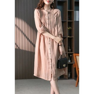 Đầm suông Linen Lụa Hàn tay lỡ sơ mi cổ tàu phối ren, form suông không kén dáng mặc.