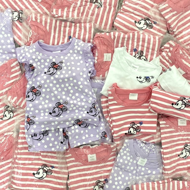 Set 3 bộ cotton cộc tay Minnie kẻ hổng next cho bé gái size từ 10-24 cân