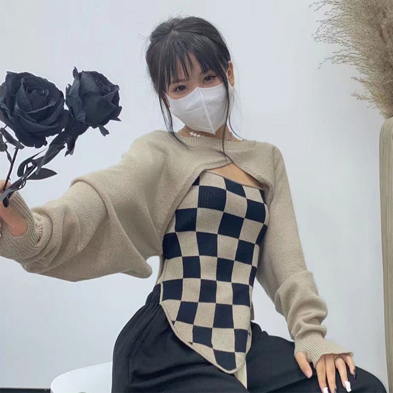 Aphrod set Áo sweater Dệt Kim Hai Dây Kẻ Sọc Caro Thời Trang Bán Chạy Cho Nữ