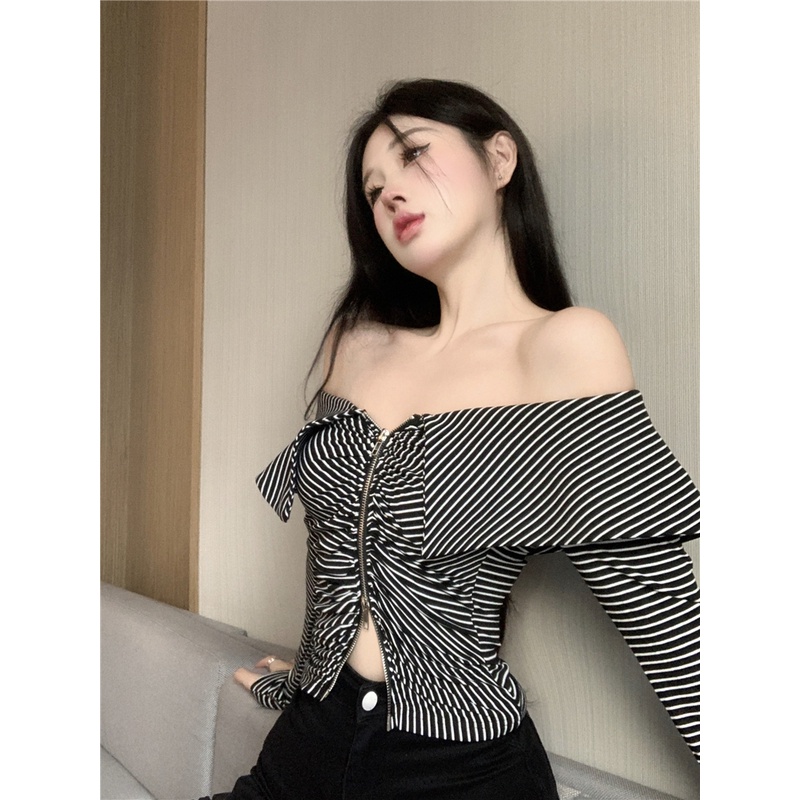 Áo kiểu ZHELIHANGFEI tay dài trễ vai kẻ sọc ngang trẻ trung hợp thời trang