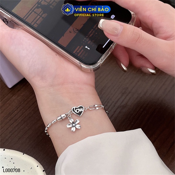 Lắc tay xích trái tim charm hoa nhỏ chất liệu bạc Thái 925 thời trang phụ kiện trang sức nữ Viễn Chí Bảo L000708