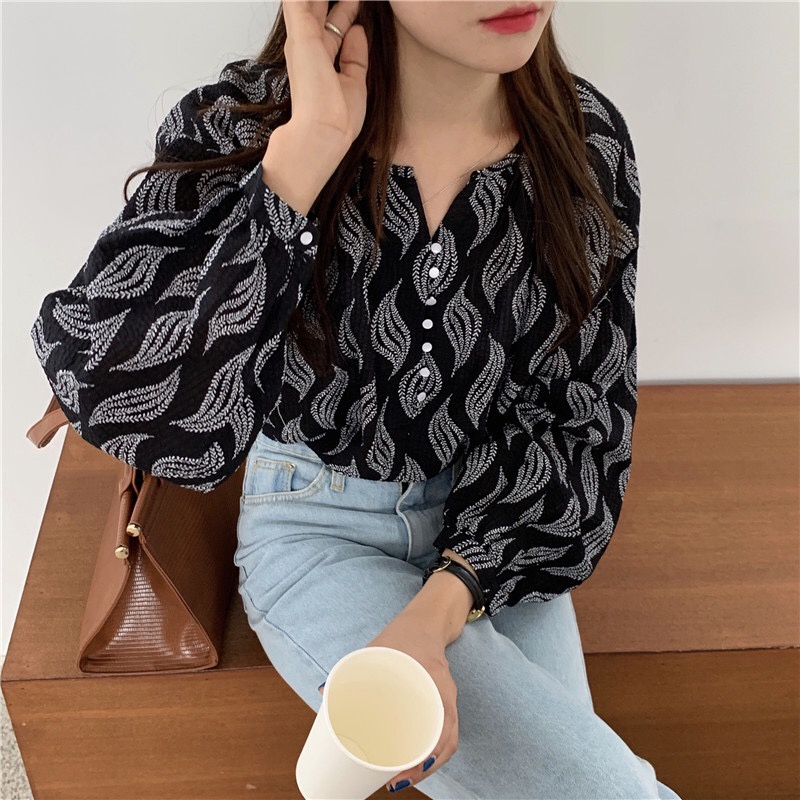 Áo Sơ Mi Tay Dài Dáng Rộng In Hoa Kiểu Hàn Quốc Dễ Thương