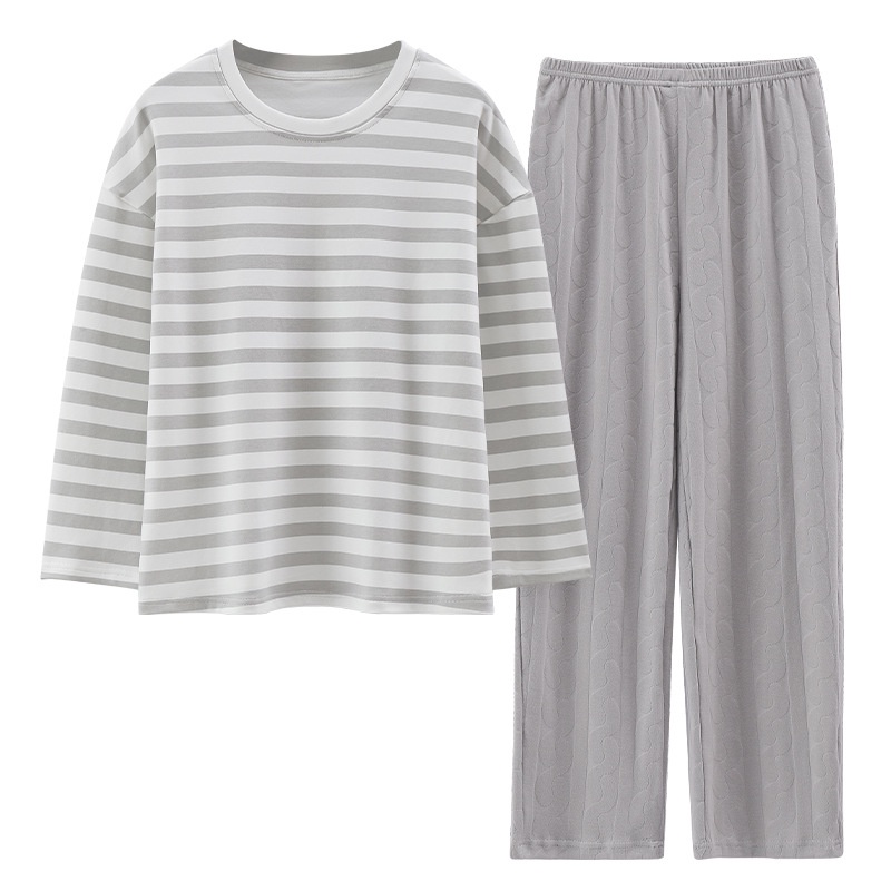 Bộ Đồ Ngủ Chất Liệu Cotton Tay Dài Họa Tiết Kẻ Sọc Đơn Giản Thời Trang Xuân Thu Cho Nữ