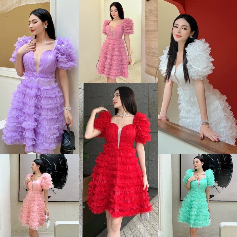 Đầm lưới bèo tầng ngắn xoè tay cánh tiên đỏ hồng xanh tím trắng, váy ngắn tiểu thư công chúa dự tiệc sinh nhật