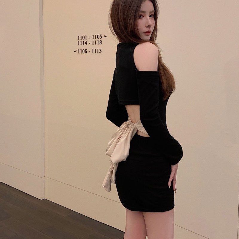 Đầm nữ XINLANYASHE tay dài hở vai lưng thắt nơ phong cách Hàn Quốc thời trang mới