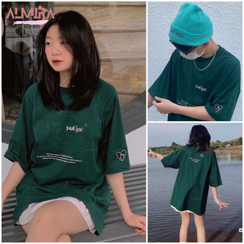 Áo Thun Cotton Khô Form Rộng Tay Lỡ In Mặt Trăng Màu Xanh Unisex, Áo Phông Cotton Khô Form Rộng