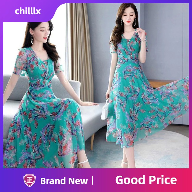 Đầm Chữ A Ngắn Tay Cổ Chữ V In Hoa Thanh Lịch Thời Trang Dành Cho Nữ
