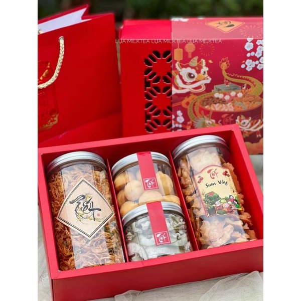 Tem dán đồ ăn vặt, hoa quả, mứt quà tặng Tết