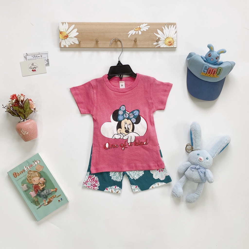 Bộ cộc tay, bộ hè bé gái Mikcey, Minie xuất dư 100% cotton bozip thoáng mát, thấm hút cho bé gái 8-22kg
