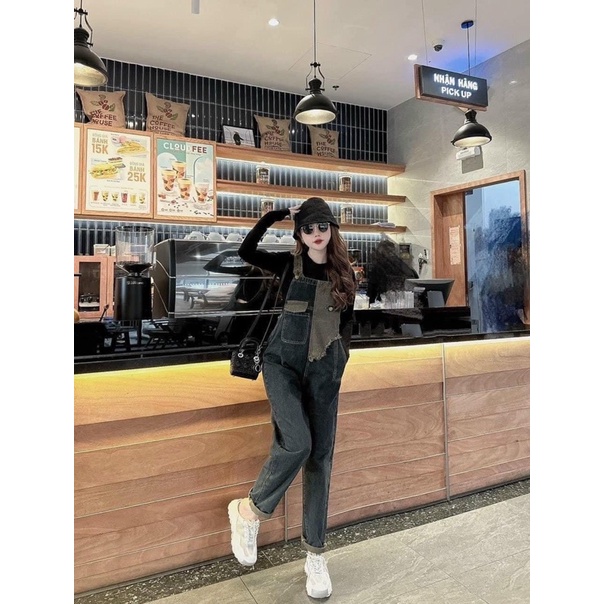 Quần yếm jeans phối màu đắp rách túi hộp siêu xinh