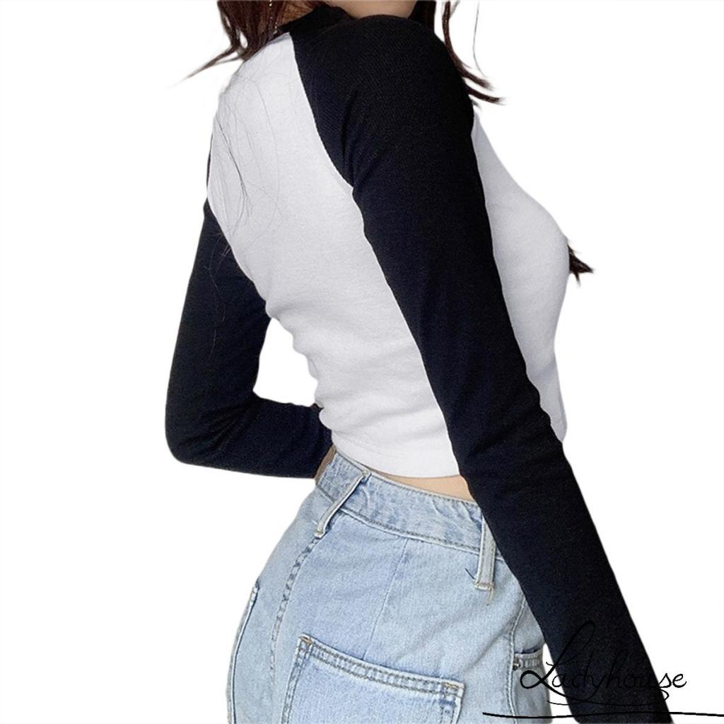 Áo Crop Top Dệt Kim Mỏng Tay Dài Cổ Tròn Ghép Vải Gân Màu Sắc Gợi Cảm Cho Nữ