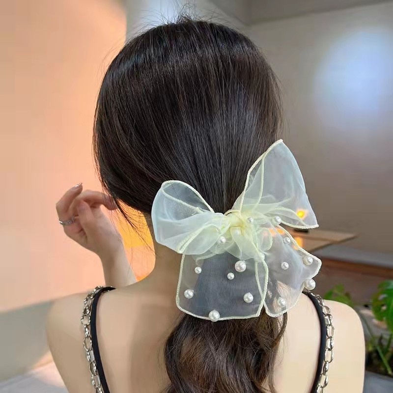 Dây Buộc Tóc Cao Su Co Giãn Đính Hạt Ngọc Trai Và Nơ Phong Cách Mới Cho Nữ