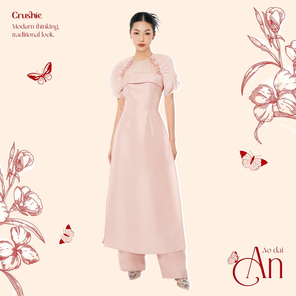 Áo dài cách tân Crushie áo dài thiết kế chiết eo tay bồng đính đá An Vũ