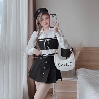 Set thô pra.da áo sơ mi croptop 3 món